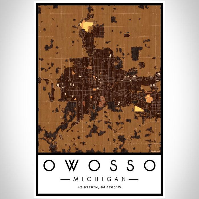 Owosso Michigan Map Print Portrait Orientation in Ember Style With Shaded Background