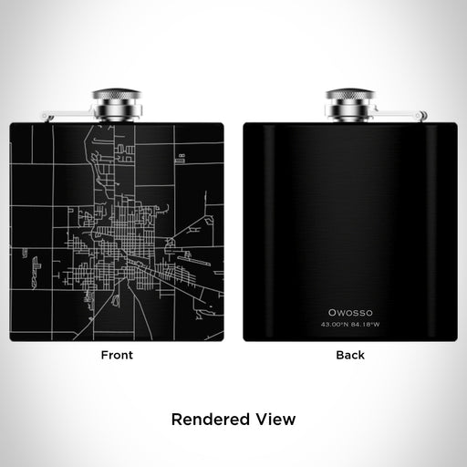 Rendered View of Owosso Michigan Map Engraving on 6oz Stainless Steel Flask in Black