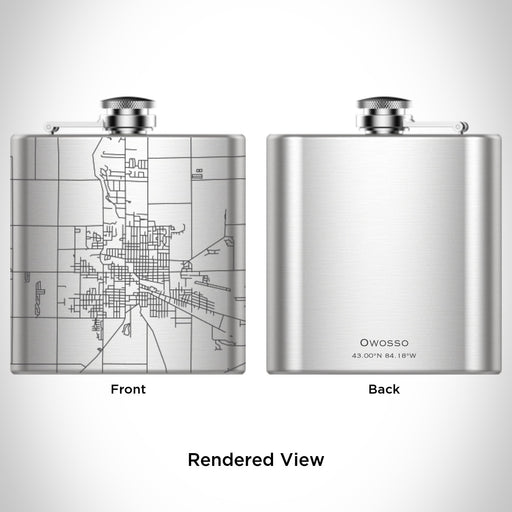 Rendered View of Owosso Michigan Map Engraving on 6oz Stainless Steel Flask