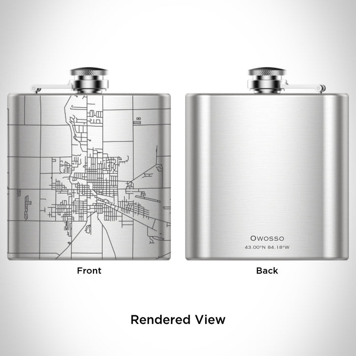 Rendered View of Owosso Michigan Map Engraving on 6oz Stainless Steel Flask