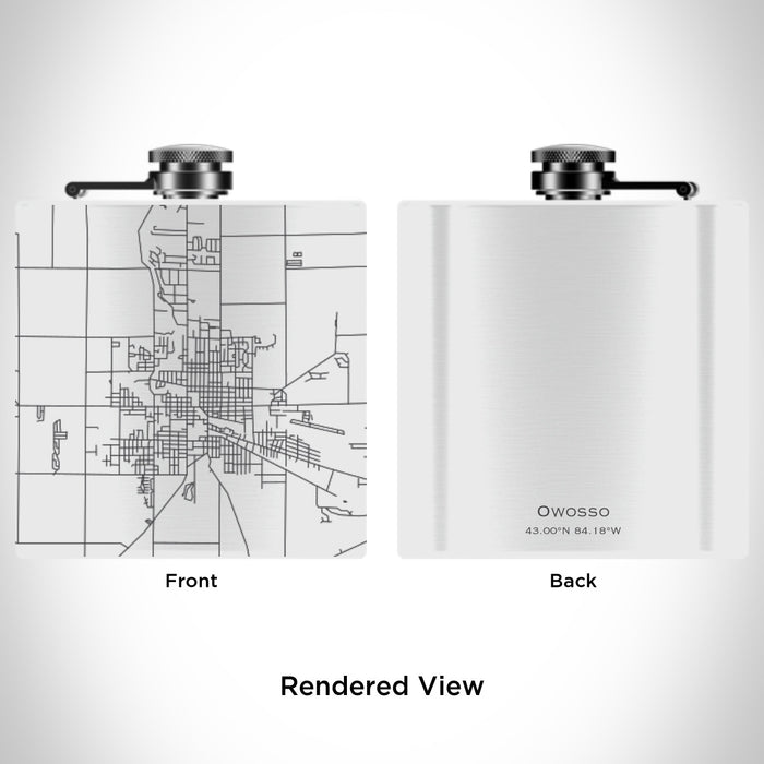 Rendered View of Owosso Michigan Map Engraving on 6oz Stainless Steel Flask in White