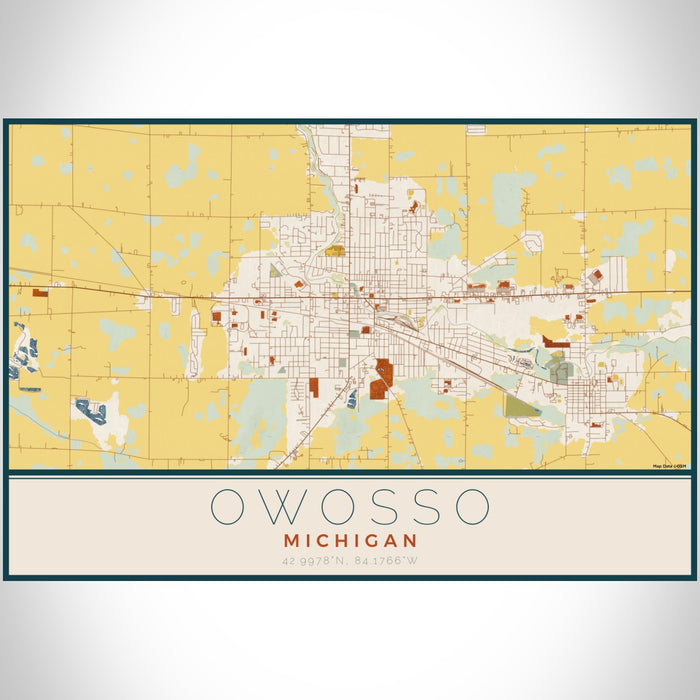Owosso Michigan Map Print Landscape Orientation in Woodblock Style With Shaded Background