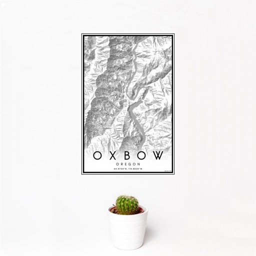 12x18 Oxbow Oregon Map Print Portrait Orientation in Classic Style With Small Cactus Plant in White Planter