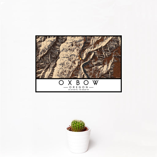 12x18 Oxbow Oregon Map Print Landscape Orientation in Ember Style With Small Cactus Plant in White Planter