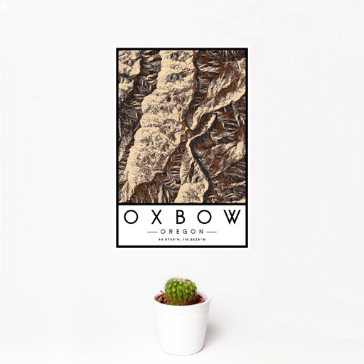 12x18 Oxbow Oregon Map Print Portrait Orientation in Ember Style With Small Cactus Plant in White Planter
