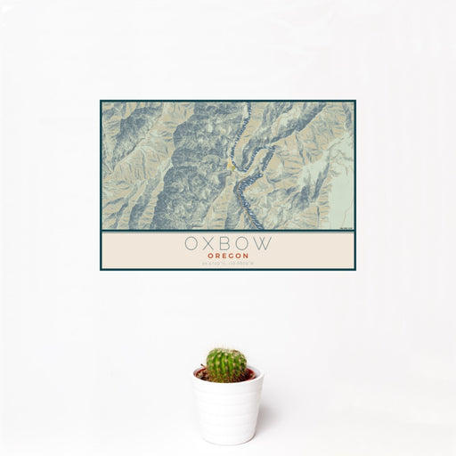 12x18 Oxbow Oregon Map Print Landscape Orientation in Woodblock Style With Small Cactus Plant in White Planter