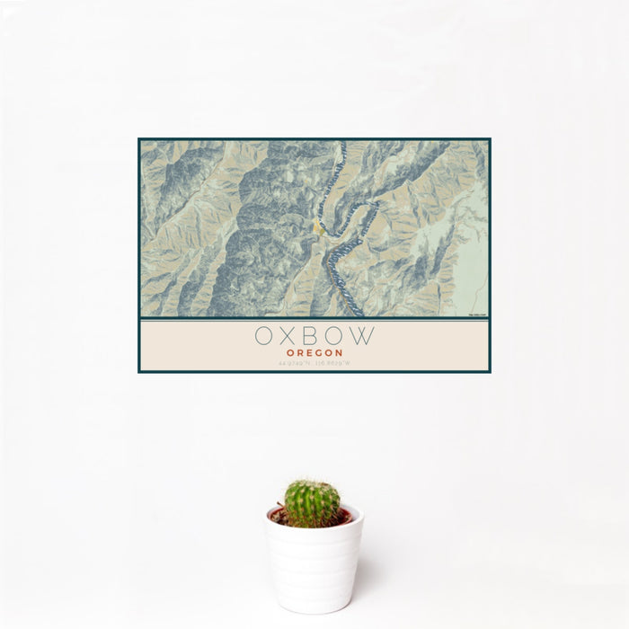12x18 Oxbow Oregon Map Print Landscape Orientation in Woodblock Style With Small Cactus Plant in White Planter