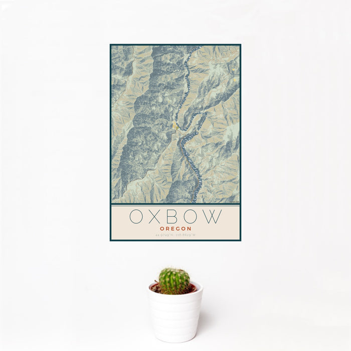 12x18 Oxbow Oregon Map Print Portrait Orientation in Woodblock Style With Small Cactus Plant in White Planter