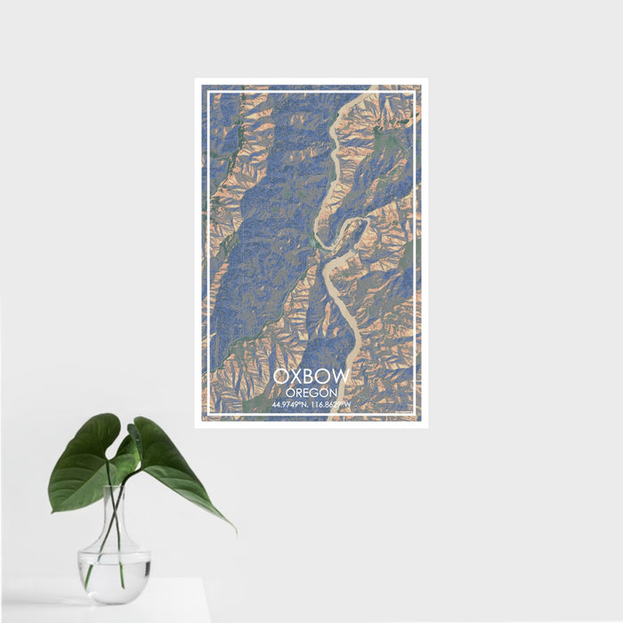 16x24 Oxbow Oregon Map Print Portrait Orientation in Afternoon Style With Tropical Plant Leaves in Water