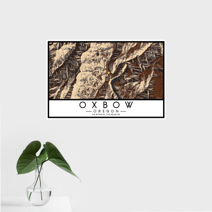 16x24 Oxbow Oregon Map Print Landscape Orientation in Ember Style With Tropical Plant Leaves in Water