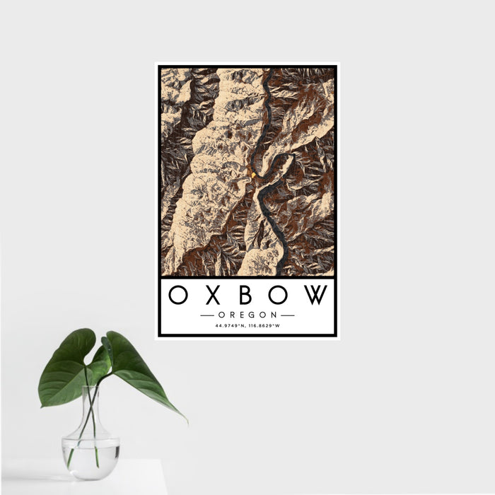 16x24 Oxbow Oregon Map Print Portrait Orientation in Ember Style With Tropical Plant Leaves in Water