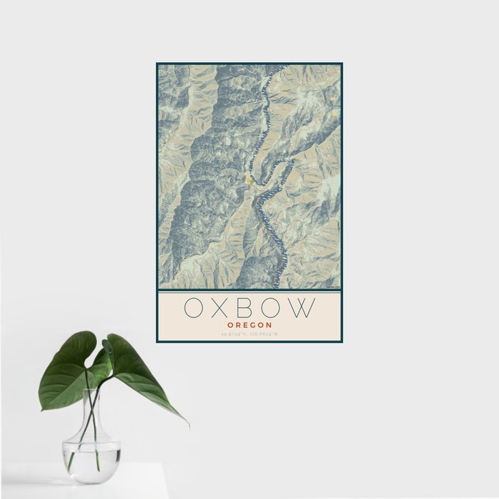 16x24 Oxbow Oregon Map Print Portrait Orientation in Woodblock Style With Tropical Plant Leaves in Water