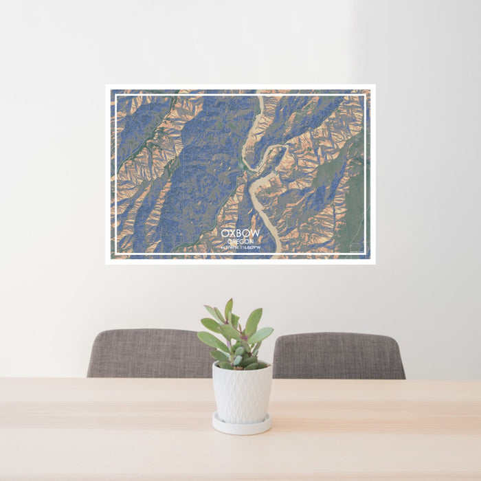 24x36 Oxbow Oregon Map Print Lanscape Orientation in Afternoon Style Behind 2 Chairs Table and Potted Plant
