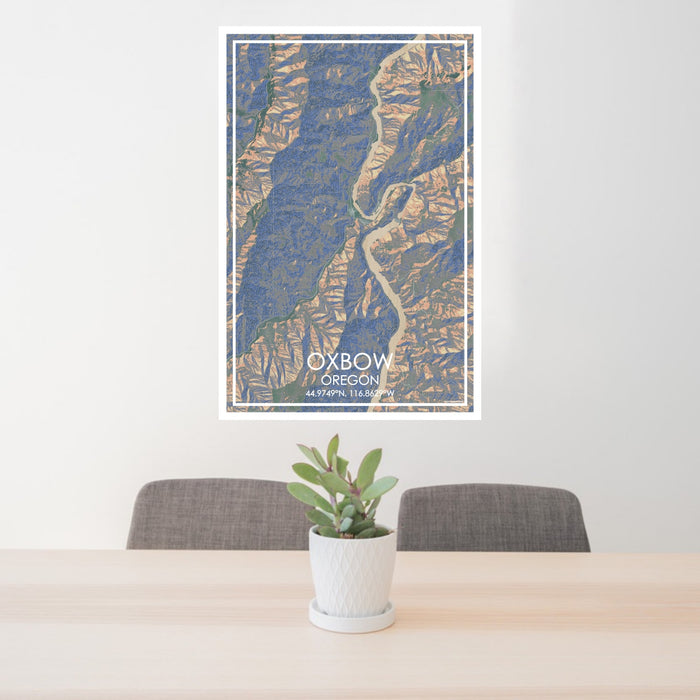 24x36 Oxbow Oregon Map Print Portrait Orientation in Afternoon Style Behind 2 Chairs Table and Potted Plant