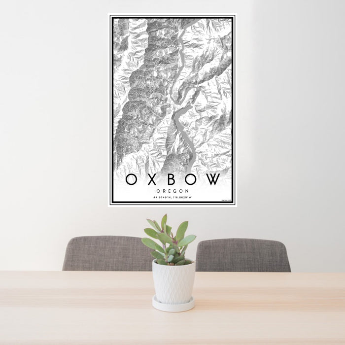 24x36 Oxbow Oregon Map Print Portrait Orientation in Classic Style Behind 2 Chairs Table and Potted Plant