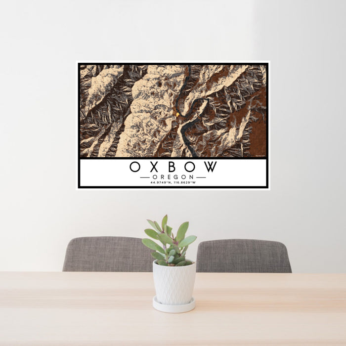 24x36 Oxbow Oregon Map Print Lanscape Orientation in Ember Style Behind 2 Chairs Table and Potted Plant
