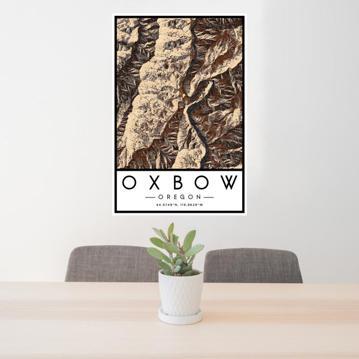 24x36 Oxbow Oregon Map Print Portrait Orientation in Ember Style Behind 2 Chairs Table and Potted Plant
