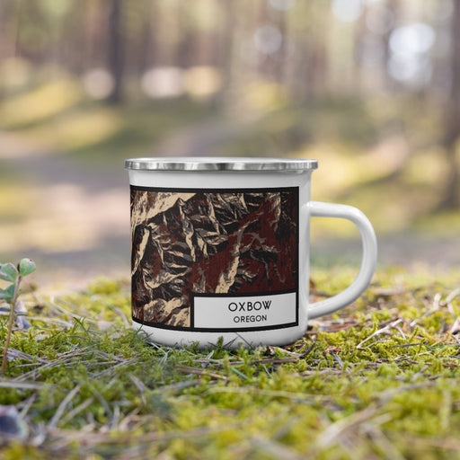 Right View Custom Oxbow Oregon Map Enamel Mug in Ember on Grass With Trees in Background