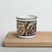 Front View Custom Oxbow Oregon Map Enamel Mug in Ember on Cutting Board
