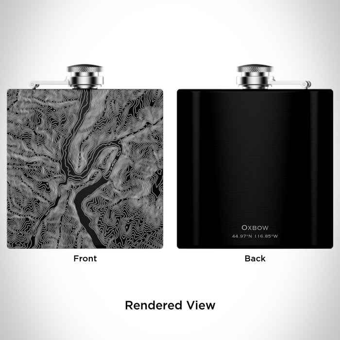 Rendered View of Oxbow Oregon Map Engraving on 6oz Stainless Steel Flask in Black