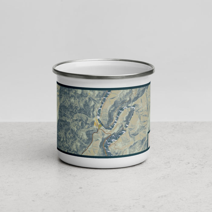 Front View Custom Oxbow Oregon Map Enamel Mug in Woodblock