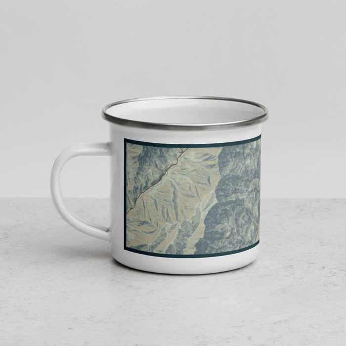 Left View Custom Oxbow Oregon Map Enamel Mug in Woodblock