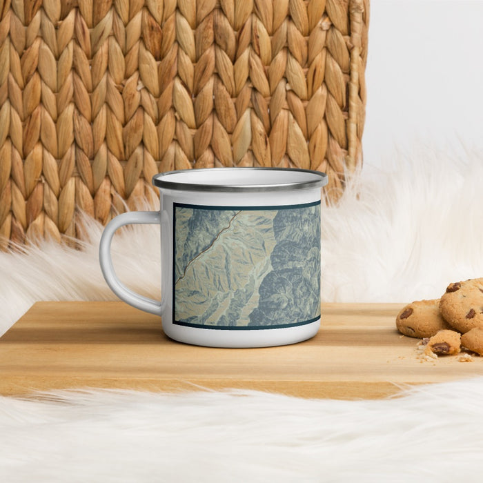 Left View Custom Oxbow Oregon Map Enamel Mug in Woodblock on Table Top