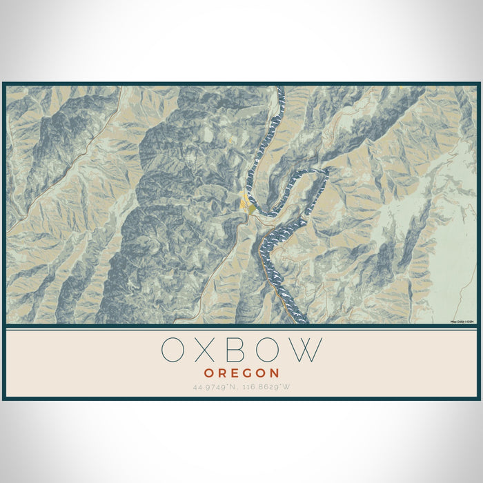 Oxbow Oregon Map Print Landscape Orientation in Woodblock Style With Shaded Background