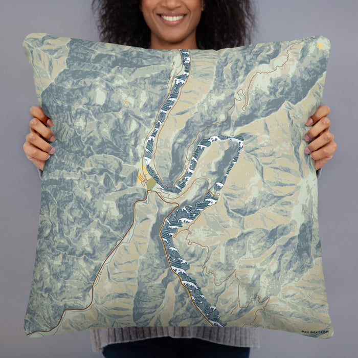 Person holding 22x22 Custom Oxbow Oregon Map Throw Pillow in Woodblock