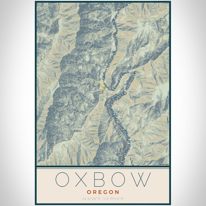 Oxbow Oregon Map Print Portrait Orientation in Woodblock Style With Shaded Background