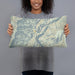 Person holding 20x12 Custom Oxbow Oregon Map Throw Pillow in Woodblock