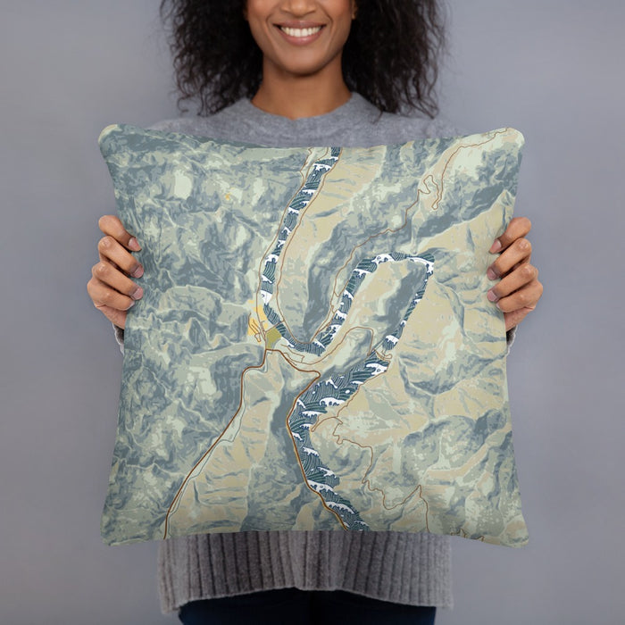 Person holding 18x18 Custom Oxbow Oregon Map Throw Pillow in Woodblock