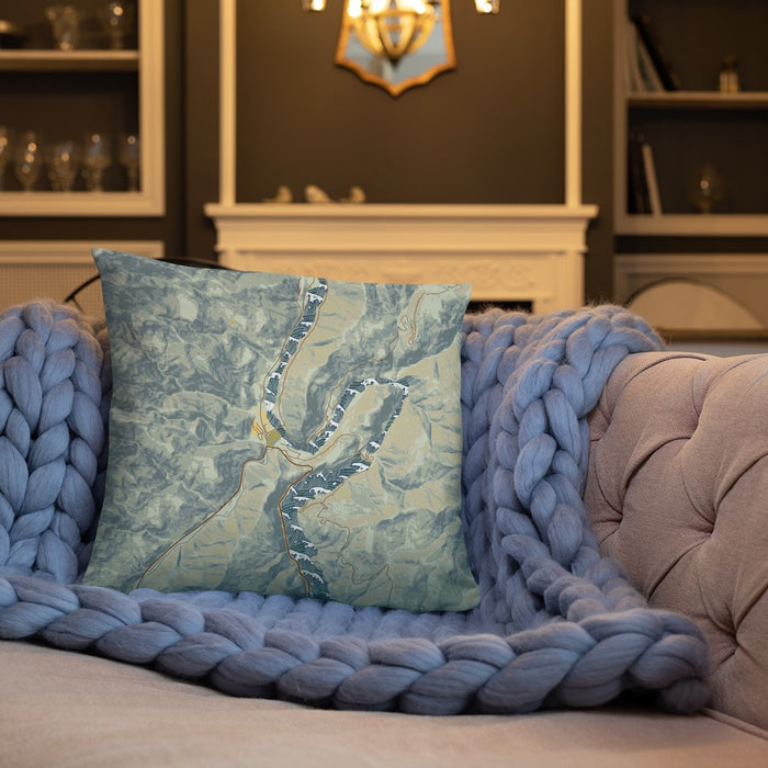 Custom Oxbow Oregon Map Throw Pillow in Woodblock on Cream Colored Couch