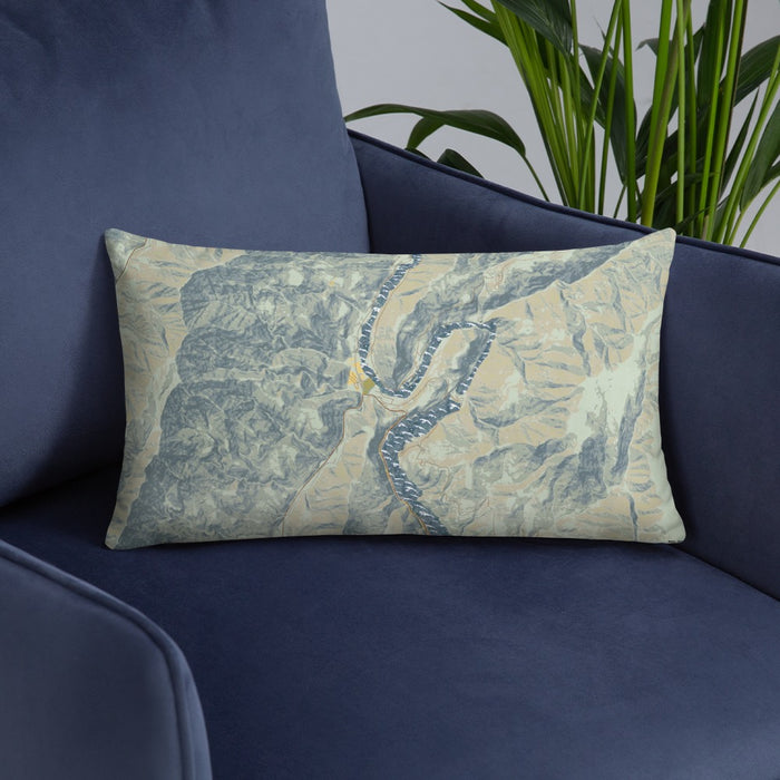 Custom Oxbow Oregon Map Throw Pillow in Woodblock on Blue Colored Chair