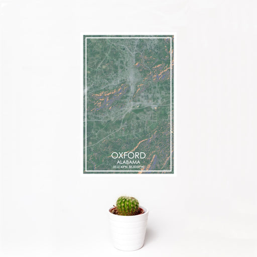 12x18 Oxford Alabama Map Print Portrait Orientation in Afternoon Style With Small Cactus Plant in White Planter