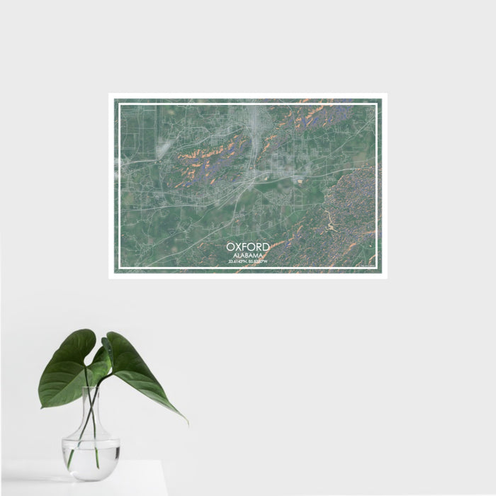 16x24 Oxford Alabama Map Print Landscape Orientation in Afternoon Style With Tropical Plant Leaves in Water
