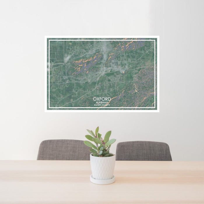 24x36 Oxford Alabama Map Print Lanscape Orientation in Afternoon Style Behind 2 Chairs Table and Potted Plant
