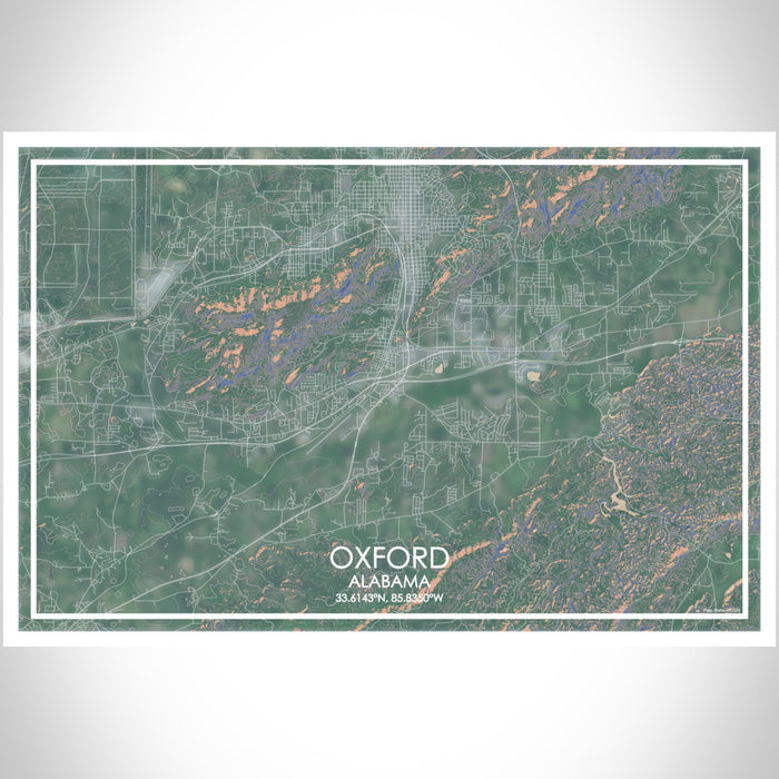Oxford Alabama Map Print Landscape Orientation in Afternoon Style With Shaded Background