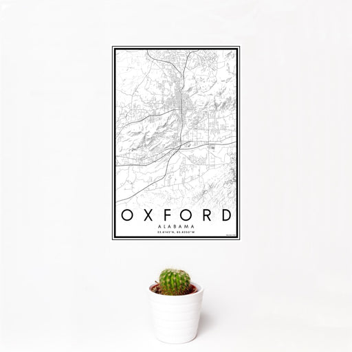 12x18 Oxford Alabama Map Print Portrait Orientation in Classic Style With Small Cactus Plant in White Planter