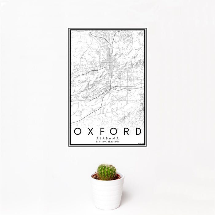 12x18 Oxford Alabama Map Print Portrait Orientation in Classic Style With Small Cactus Plant in White Planter
