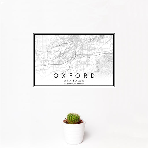 12x18 Oxford Alabama Map Print Landscape Orientation in Classic Style With Small Cactus Plant in White Planter