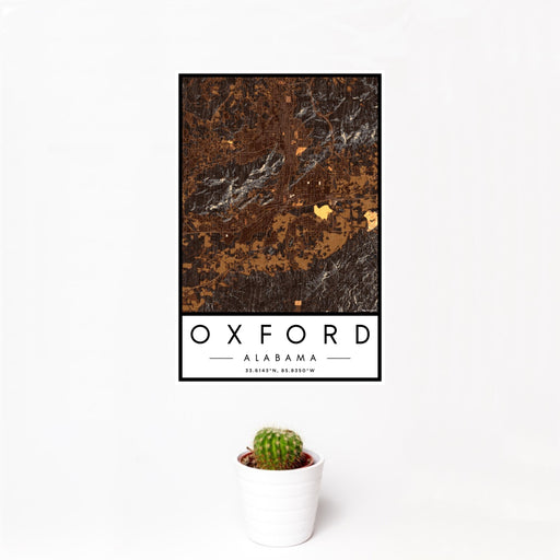 12x18 Oxford Alabama Map Print Portrait Orientation in Ember Style With Small Cactus Plant in White Planter