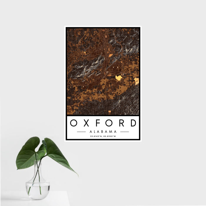 16x24 Oxford Alabama Map Print Portrait Orientation in Ember Style With Tropical Plant Leaves in Water