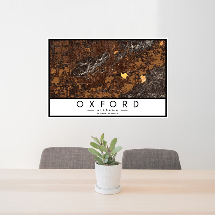 24x36 Oxford Alabama Map Print Landscape Orientation in Ember Style Behind 2 Chairs Table and Potted Plant
