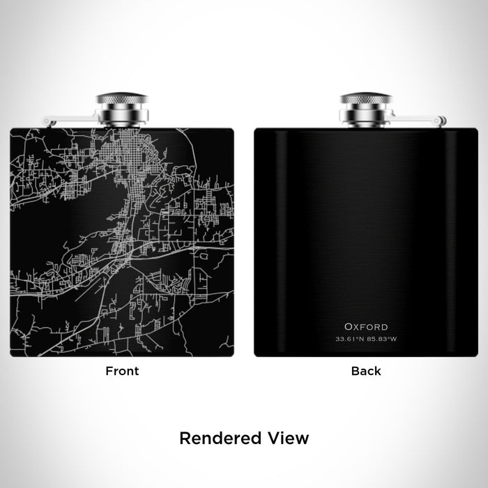 Rendered View of Oxford Alabama Map Engraving on 6oz Stainless Steel Flask in Black