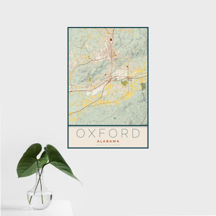 16x24 Oxford Alabama Map Print Portrait Orientation in Woodblock Style With Tropical Plant Leaves in Water