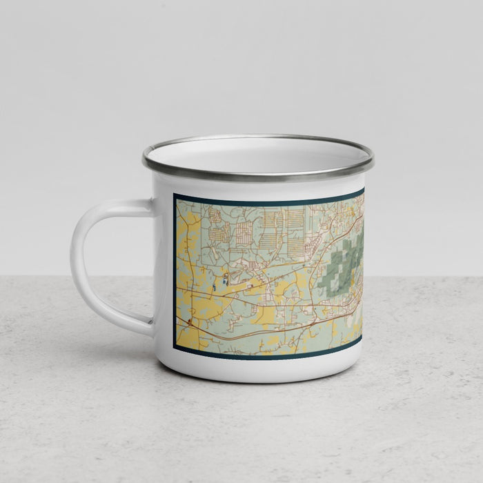 Left View Custom Oxford Alabama Map Enamel Mug in Woodblock