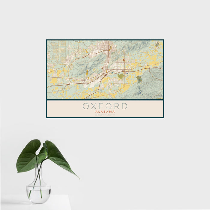 16x24 Oxford Alabama Map Print Landscape Orientation in Woodblock Style With Tropical Plant Leaves in Water