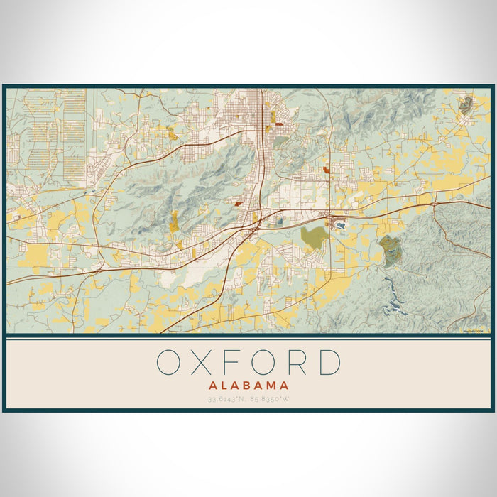 Oxford Alabama Map Print Landscape Orientation in Woodblock Style With Shaded Background
