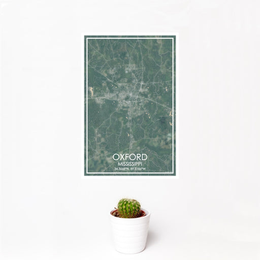 12x18 Oxford Mississippi Map Print Portrait Orientation in Afternoon Style With Small Cactus Plant in White Planter